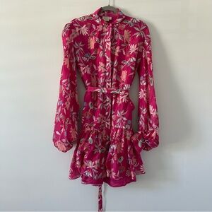 Ridhi Mehra Floral Pink Chanderi Long Balloon Sleeve Mini Dress Polly M